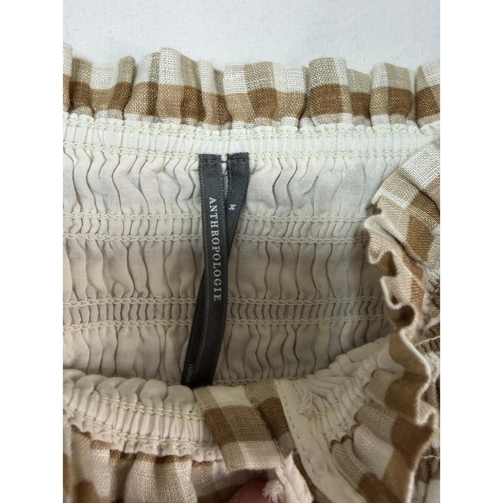 Anthropologie Brown Gingham Smocked Mini Dress Ruffle Button Front Cottagecore M - Picture 3 of 7